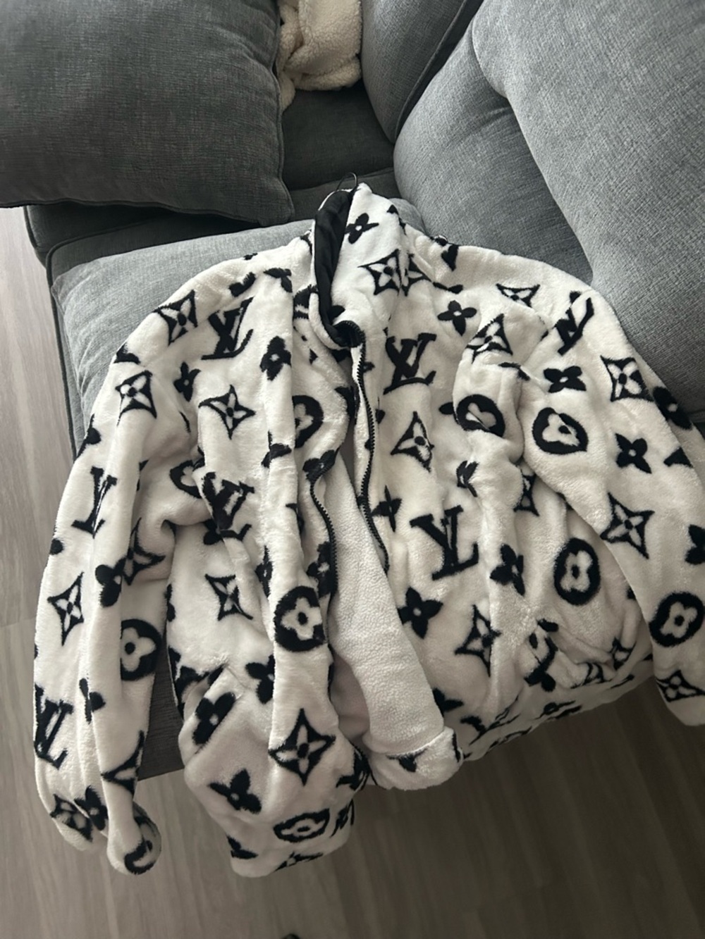 Louis Vuitton Black and White Monogram Plush Hooded Jacket